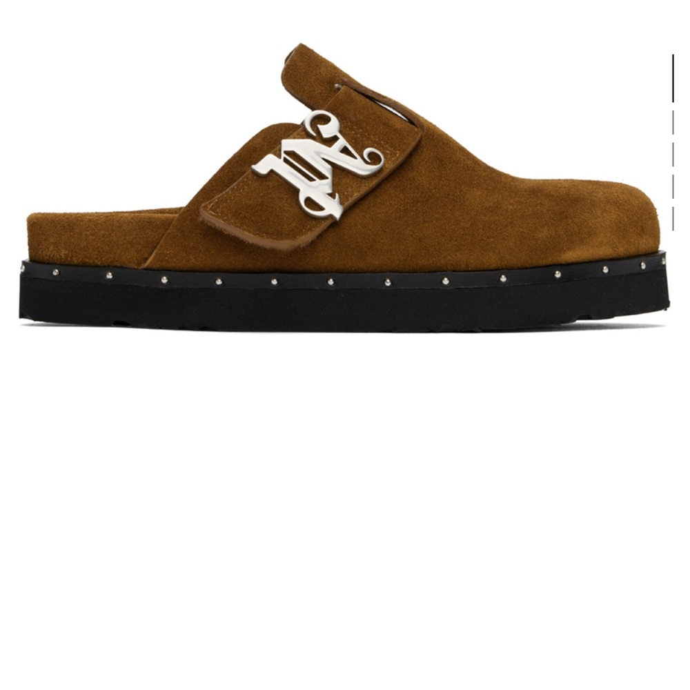 Palm Angels Brown Suede Mule Slide with Silver Monogram Accent